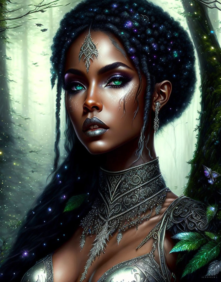 Captivating woman with cosmic makeup and silver jewelry in ethereal forest.