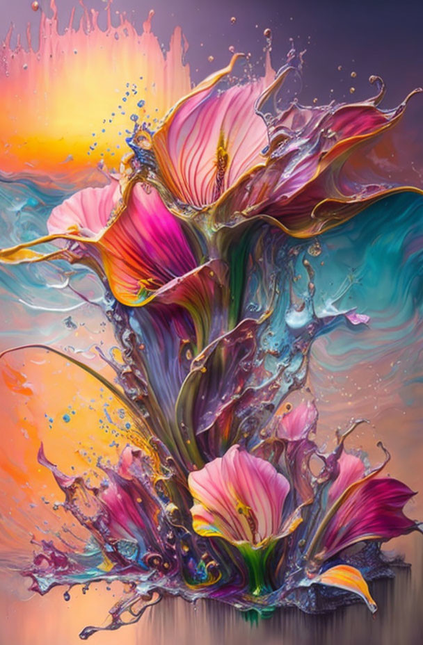 Colorful surreal artwork: vibrant flowers and dynamic splashes