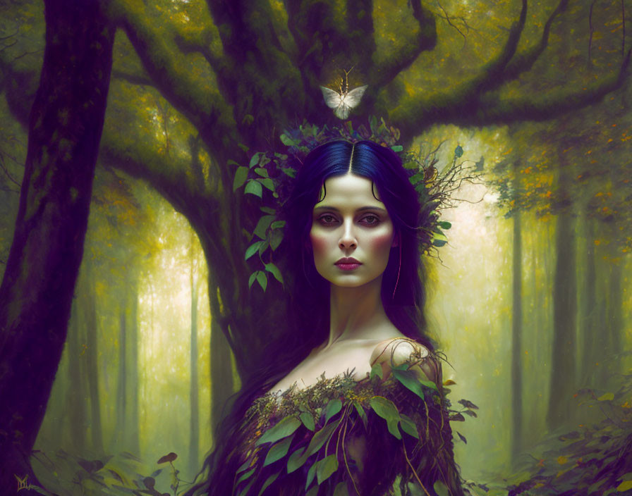 Dark-haired woman with green foliage in enchanted forest with butterfly