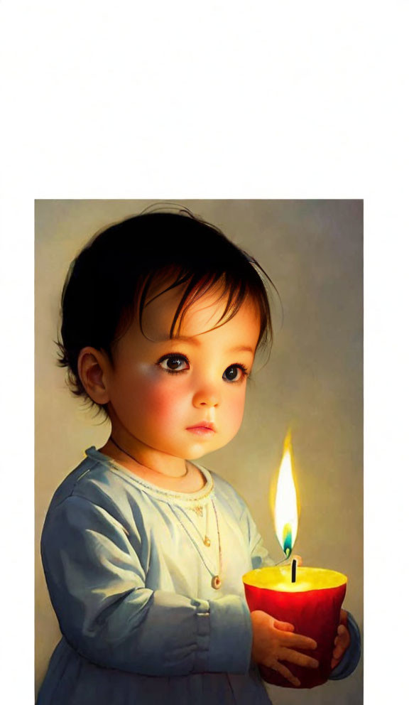 Wide-eyed toddler mesmerized by lit candle in red holder