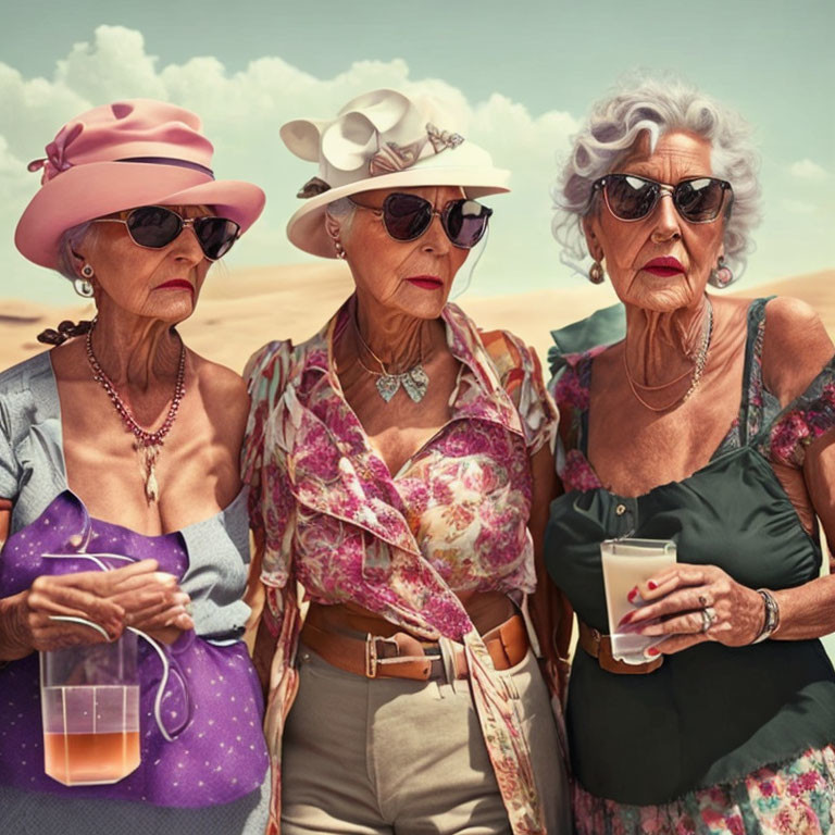 Three stylish elderly women in sunglasses pose with drinks in desert.