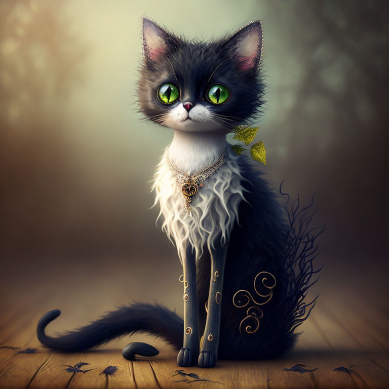 Fantastical cat illustration with large green eyes and ornate gold details