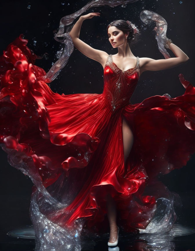 Dynamic Woman in Red Liquid Dress Posing Gracefully