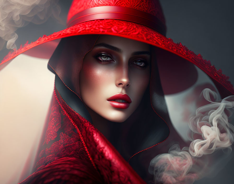 Vibrant red hat and cloak on woman in digital artwork