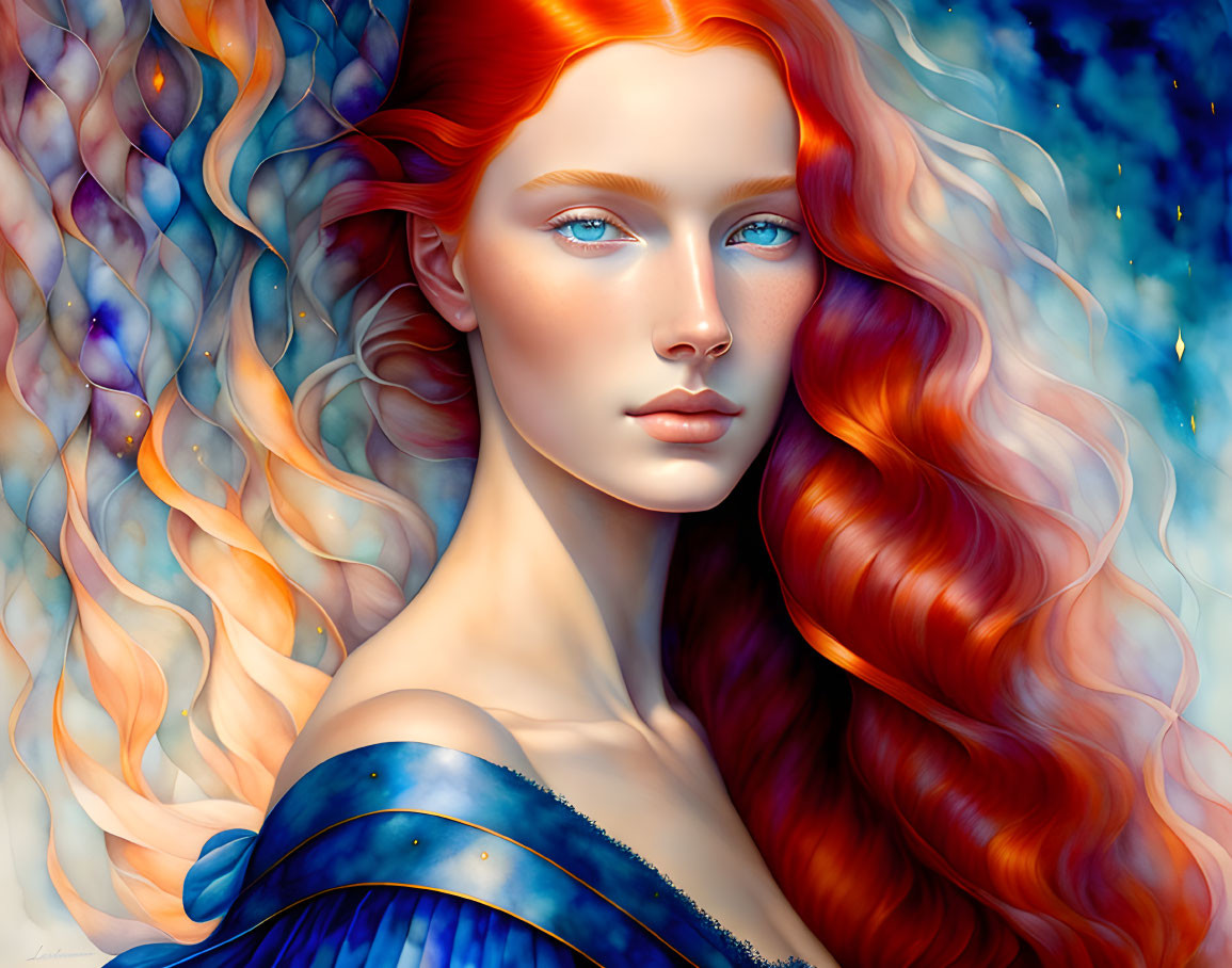 Vibrant red-haired woman on cosmic blue background