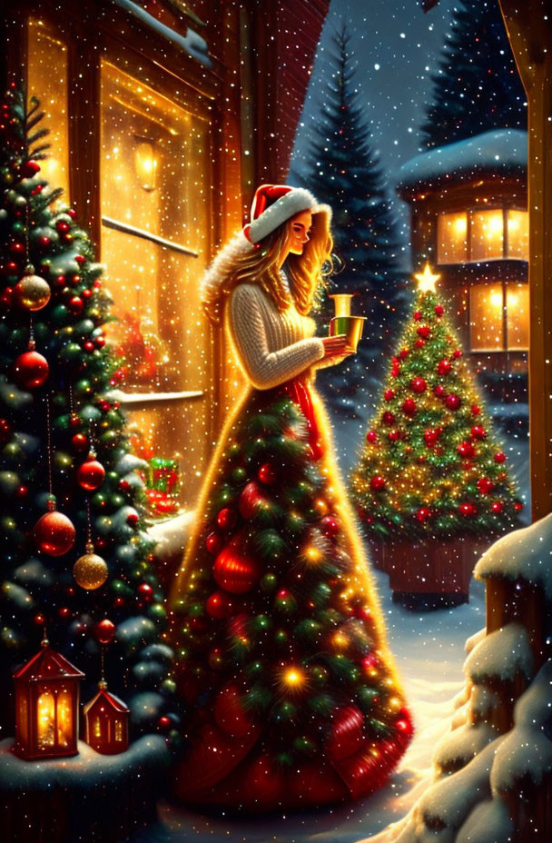 Person in Red Cloak by Window with Christmas Trees and Snowy Scene