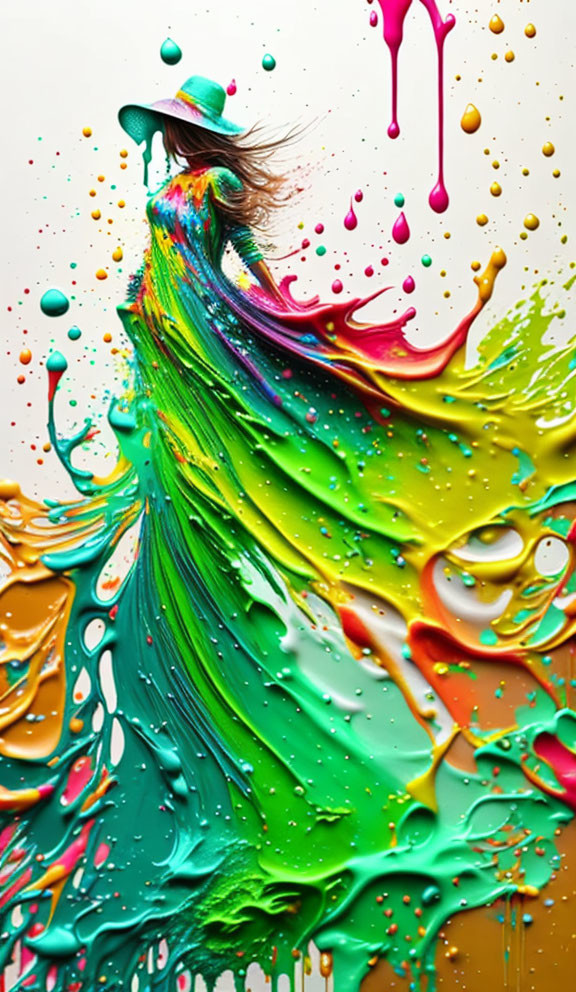 Colorful paint splashes form woman in hat with dynamic swirls.