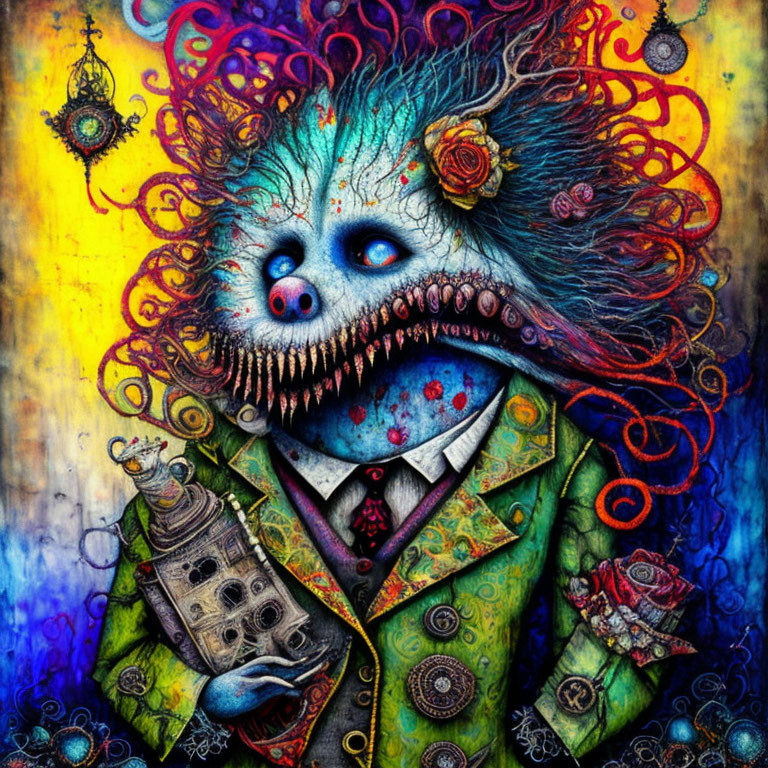 Vibrant surreal portrait of creature with blue skin, multiple eyes, and sharp teeth