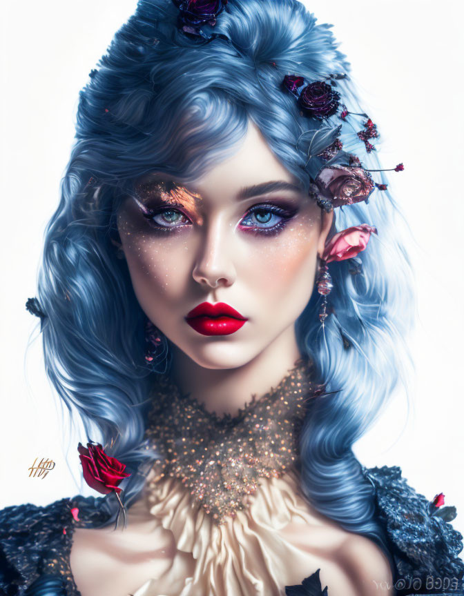 Fantasy character portrait with wavy blue hair and dark rose adornments