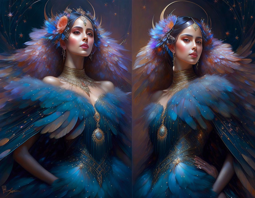 Digital artwork featuring woman with ethereal blue feathers and jeweled headdress in two lighting scenarios