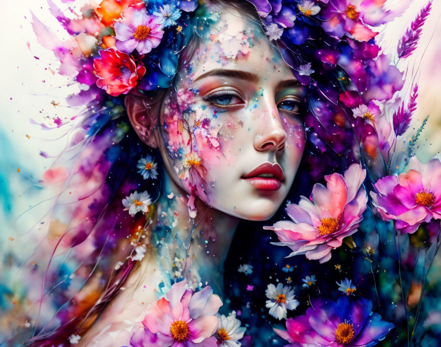 Colorful floral portrait of a woman with petals in her hair and face