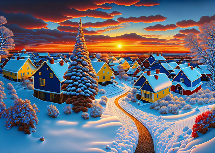 Snow-covered houses and trees in dramatic winter sunset.