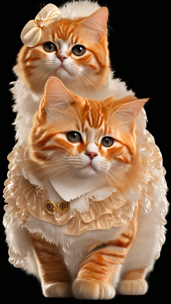 Two orange and white cats in fancy collars and bow, stacked against black background