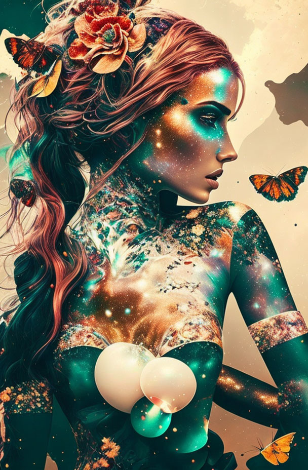 Cosmic-themed body art on woman with flowers and butterflies.