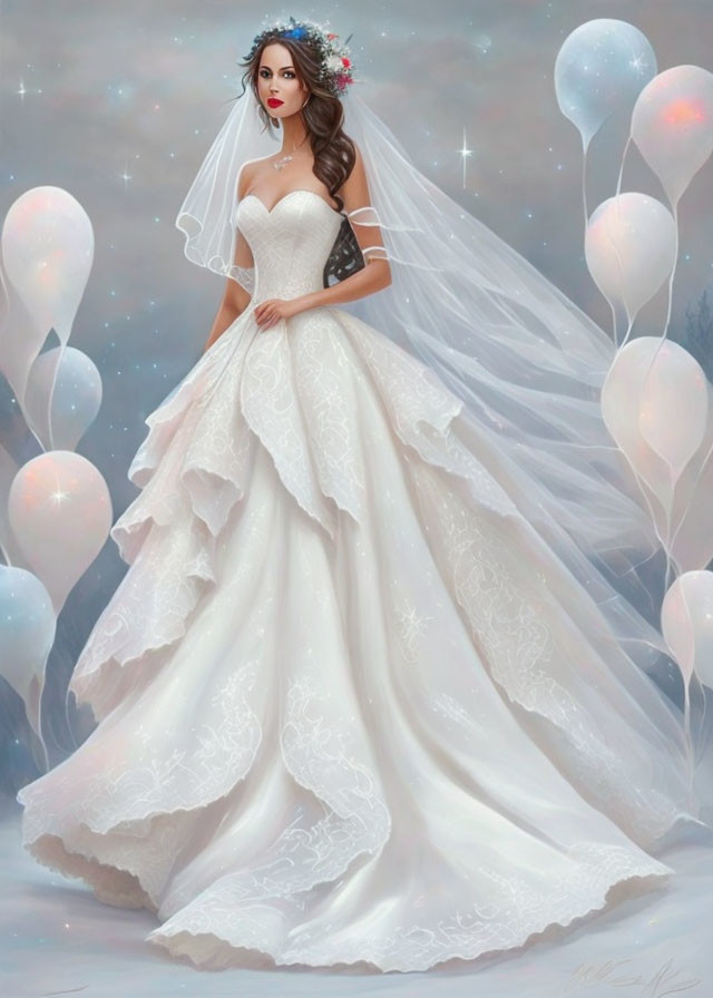 Bride in white gown with lace details amidst pastel balloons