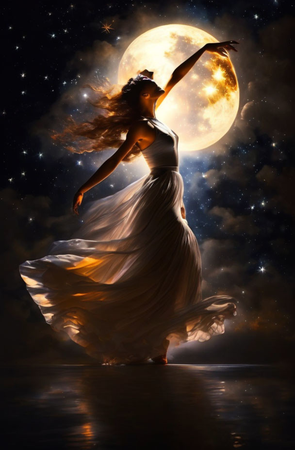 Woman in flowing white dress dancing under luminous full moon