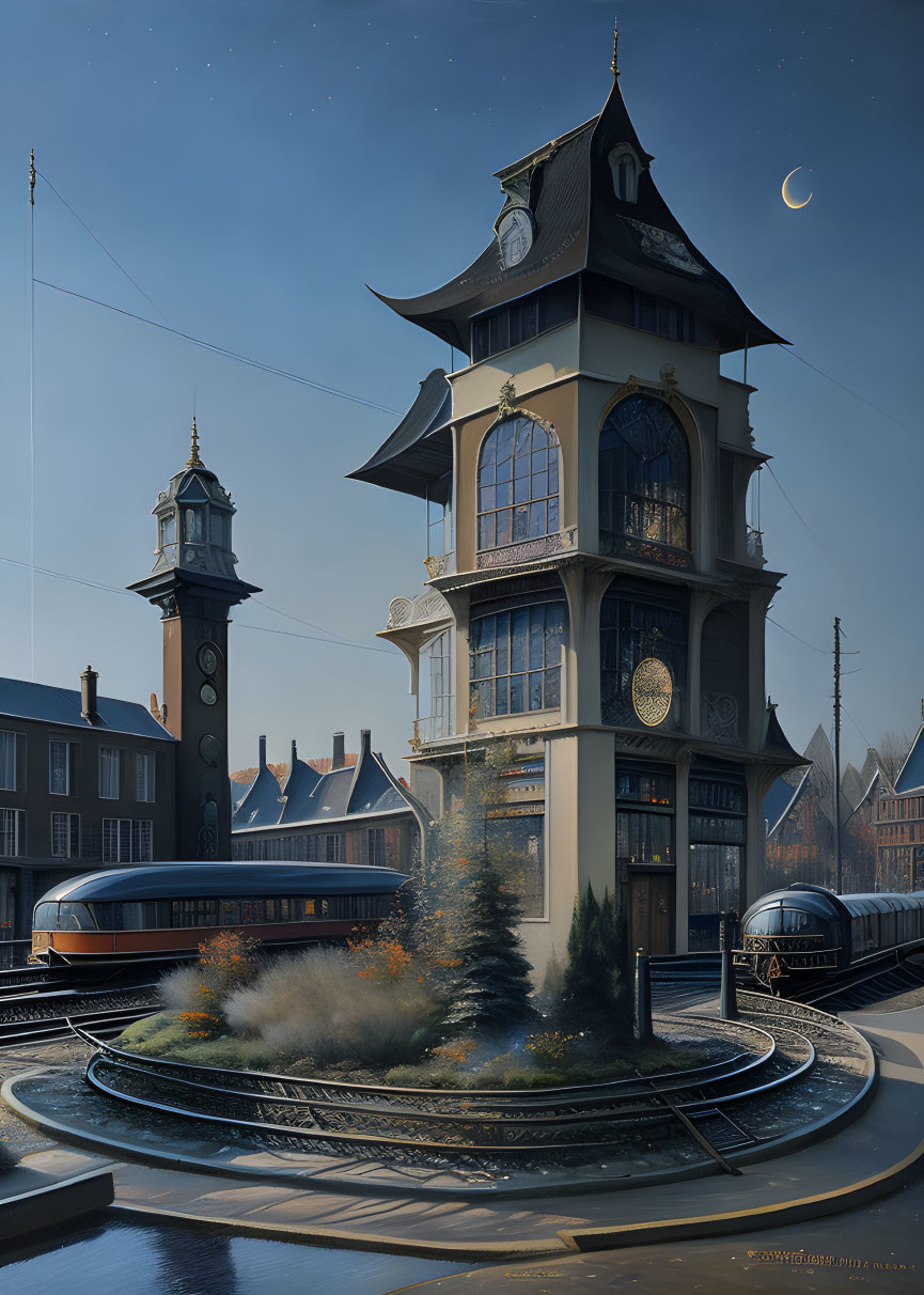 Ornate clock tower and train station in serene twilight setting