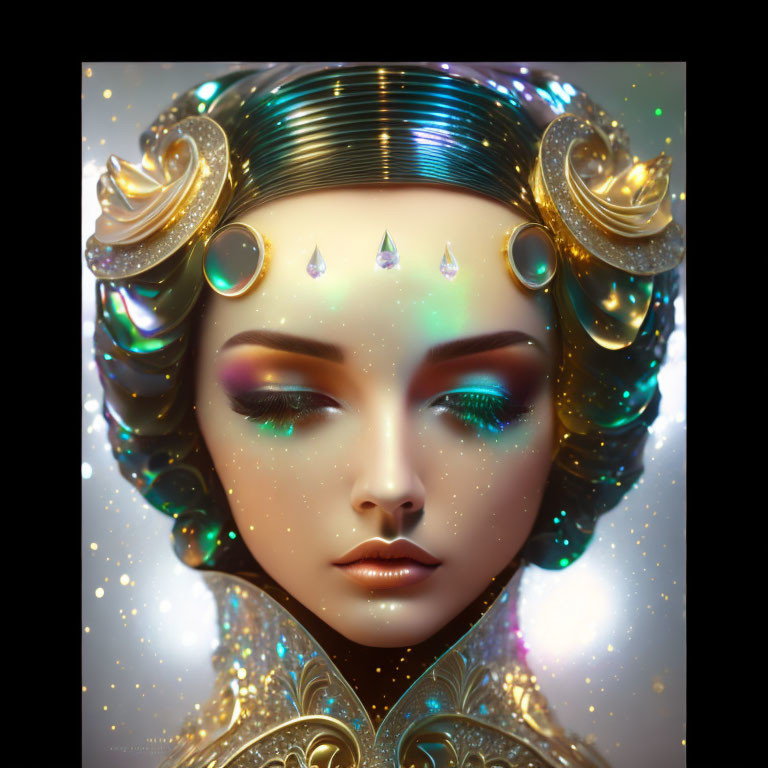 Ornate golden headdress on serene female figure portrait