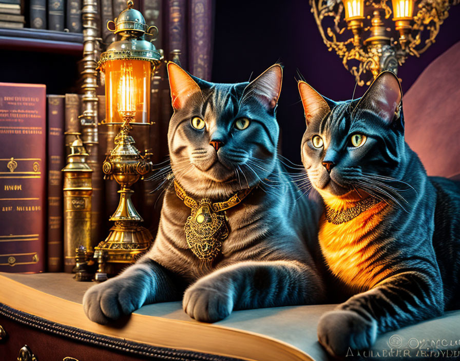 Regal cats with blue eyes and ornate necklaces beside books and brass lamp