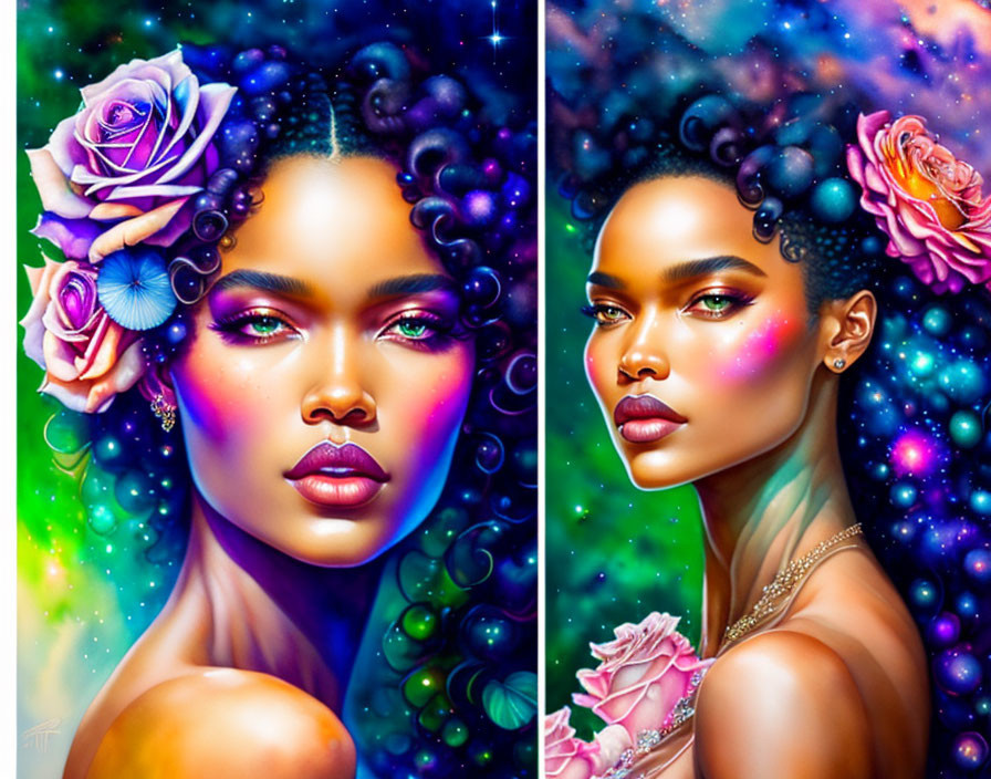 Colorful cosmic-themed artwork with two stylized woman portraits and floral elements