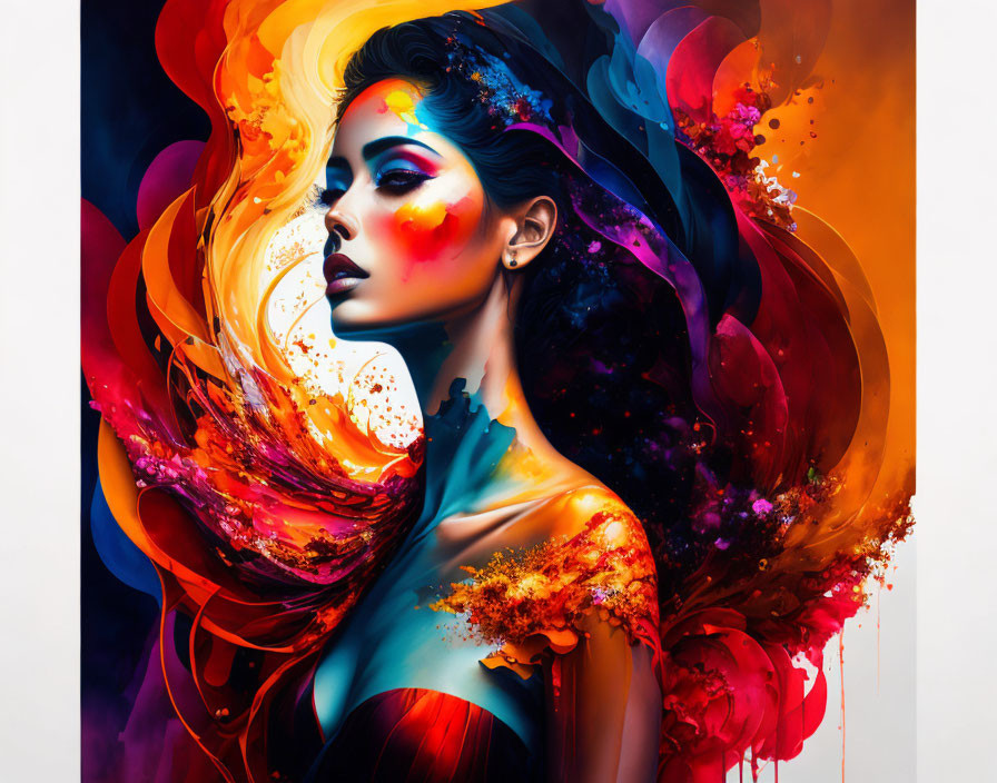 Vibrant digital artwork of woman surrounded by swirling colors.