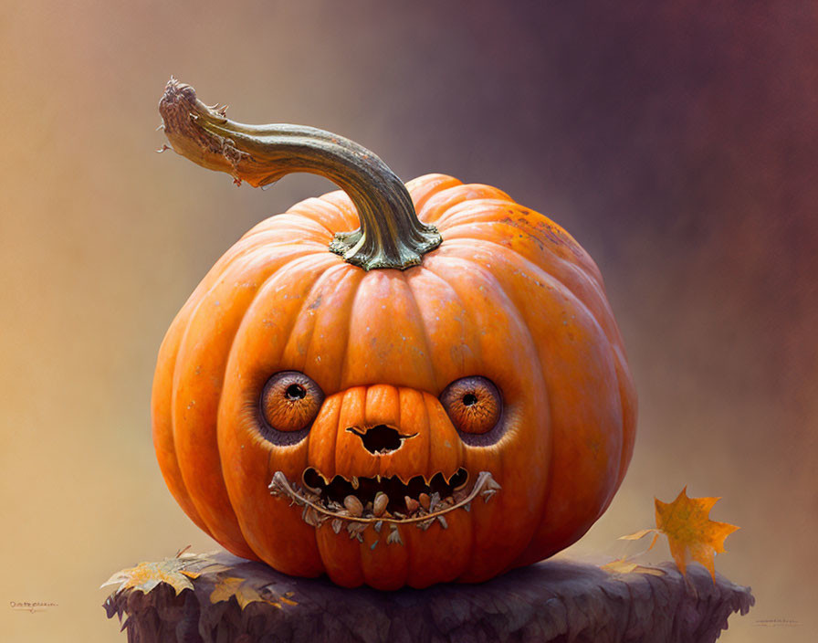 Illustration of a whimsical pumpkin with carved face and leaf nearby