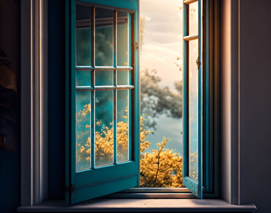 Turquoise Window Overlooking Yellow Blossoms and Sunset Sky