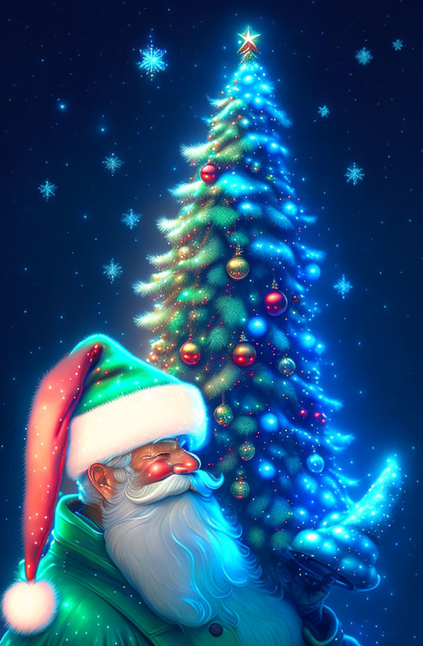 Santa Claus profile illustration with gentle smile, Christmas tree, and starry sky.