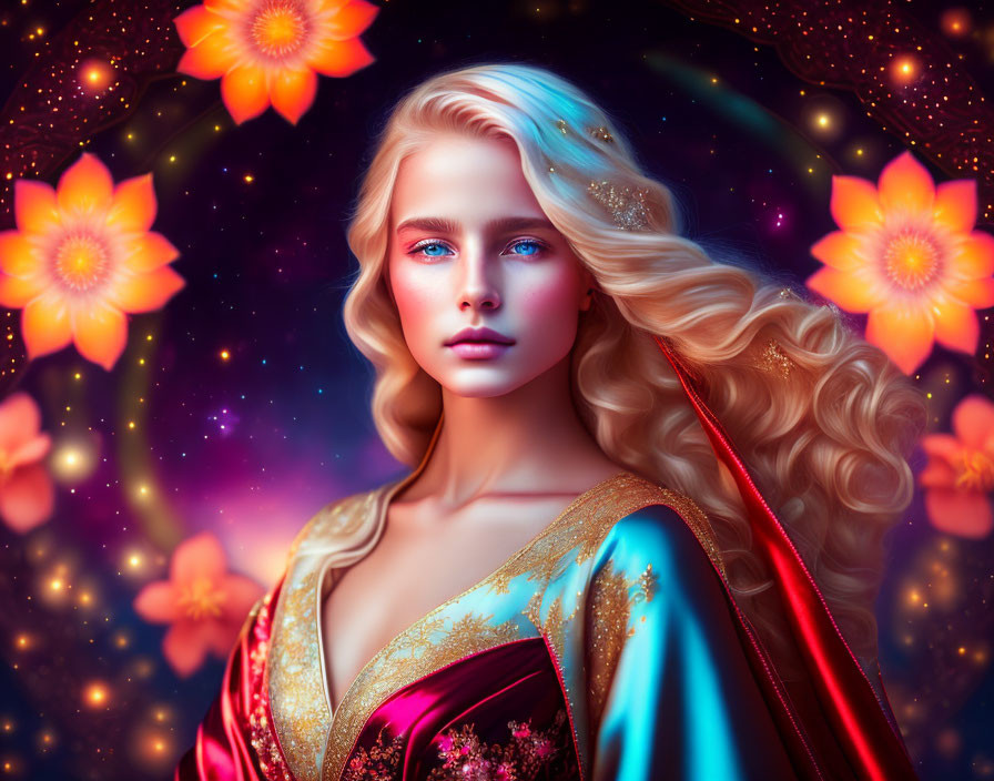 Digital illustration of a woman with golden hair and blue eyes in a floral robe against a starry backdrop