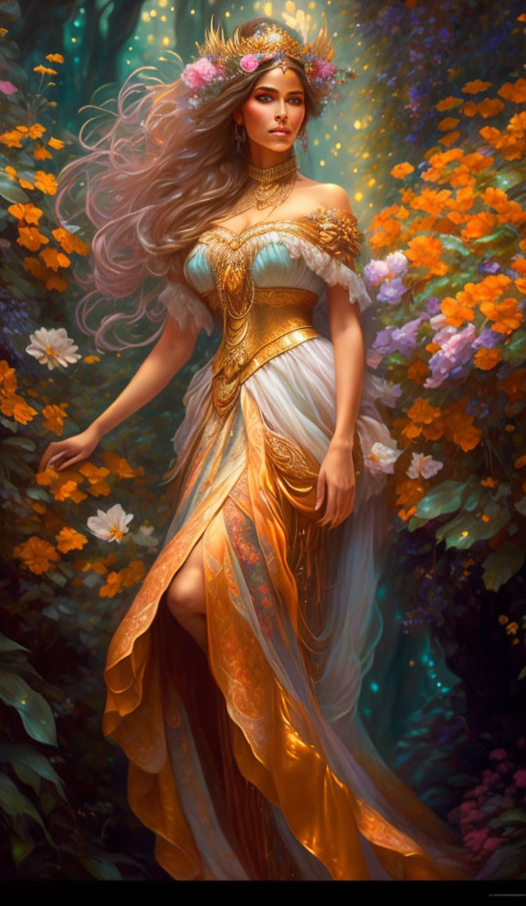 Woman in Golden Gown Surrounded by Flowers