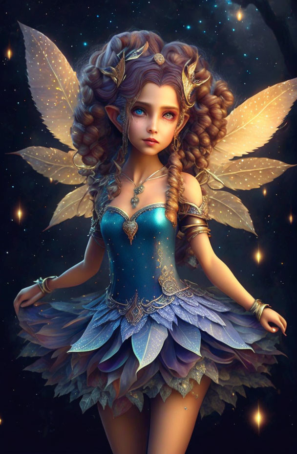 Fantasy fairy digital artwork with luminescent wings, blue dress, braided hair, starry