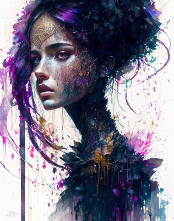 Digital portrait: Woman with dark hair, purple streaks, floral accents, golden markings, colorful abstract