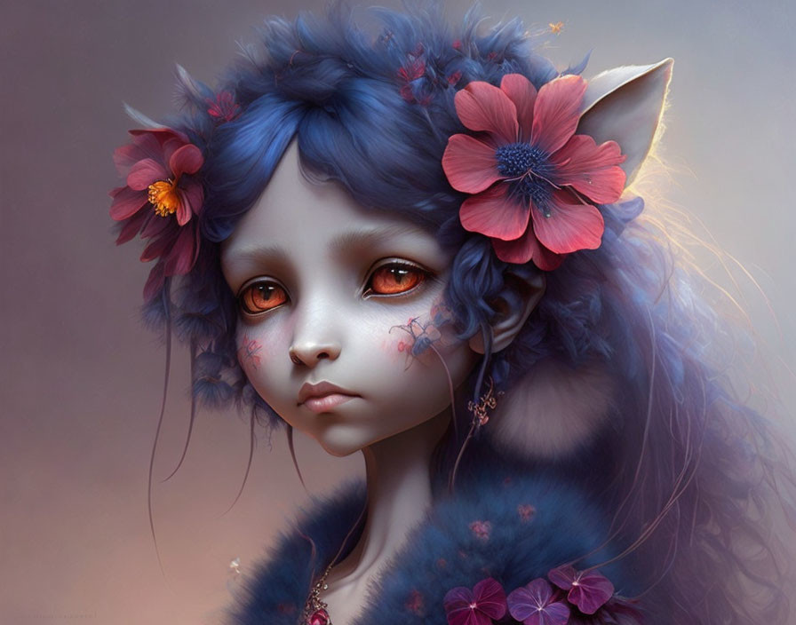 Blue-furred creature fantasy portrait with red eyes and floral adornments