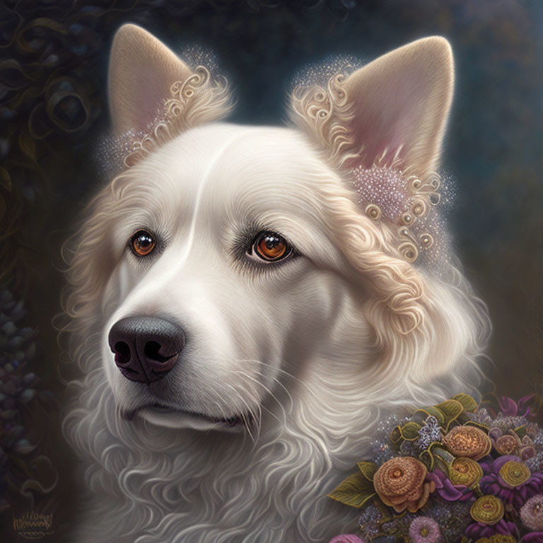 Detailed White Dog Digital Painting with Floral Adornment