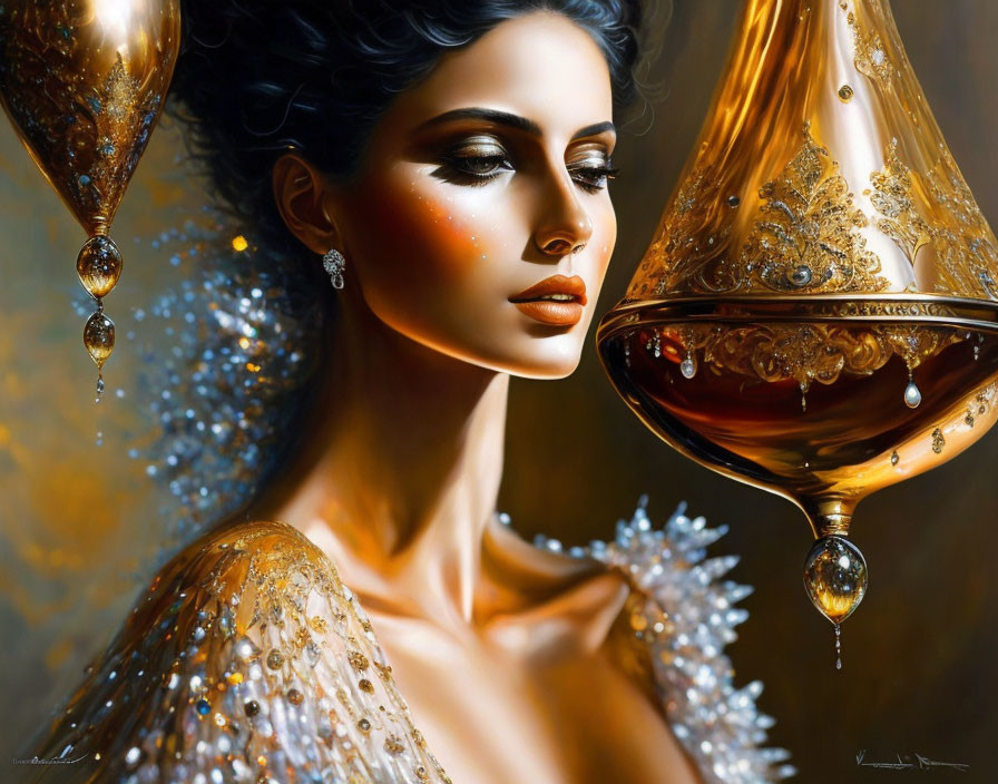 Portrait of woman with striking makeup and elegant jewelry against golden lamps