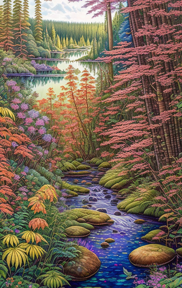 Colorful painting of serene stream in lush forest with lake.