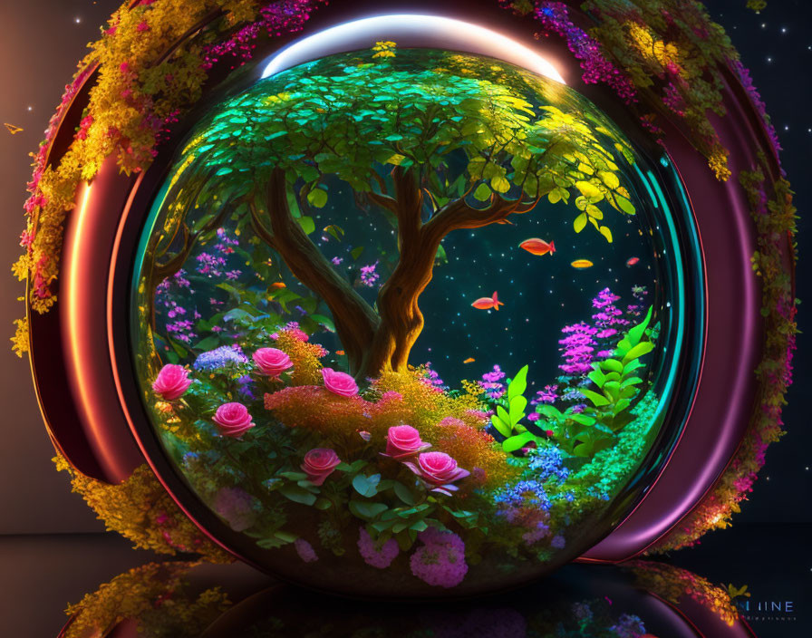 Fantastical glowing portal with lush tree and floating fish