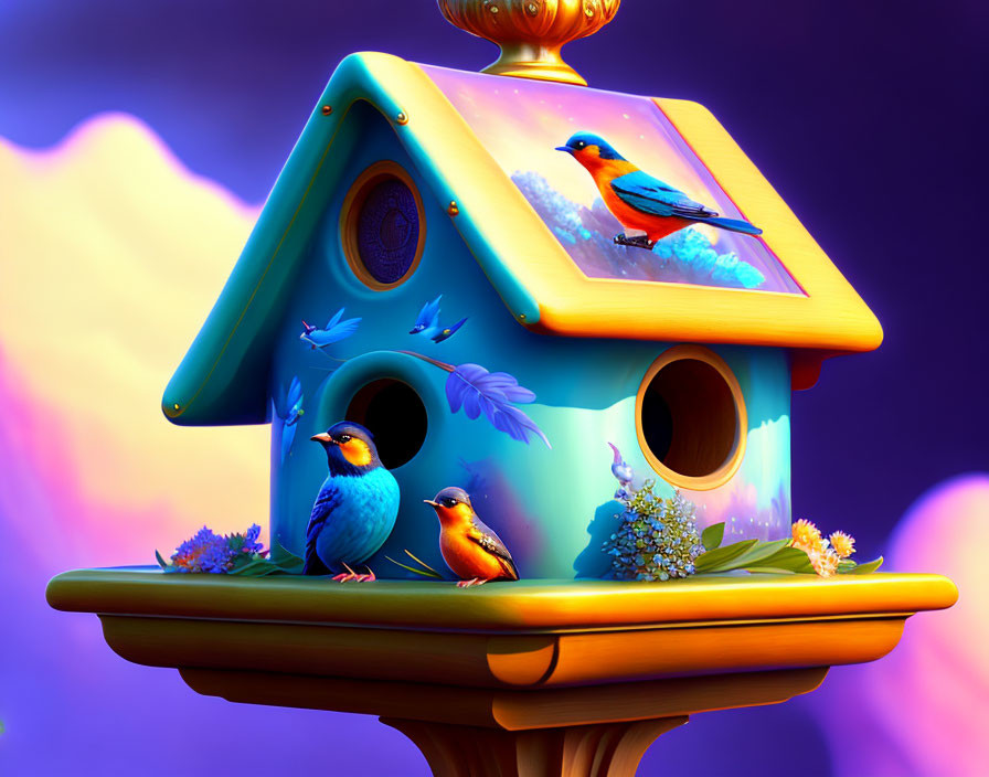 Colorful birdhouse illustration with whimsical design and birds on purple background