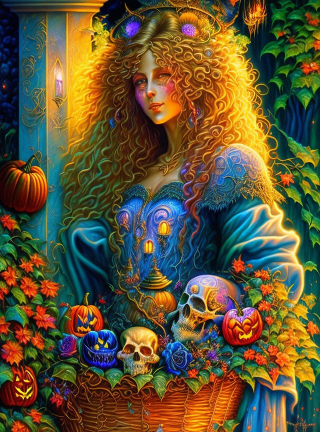 Fantasy illustration of woman with curly hair in autumn setting