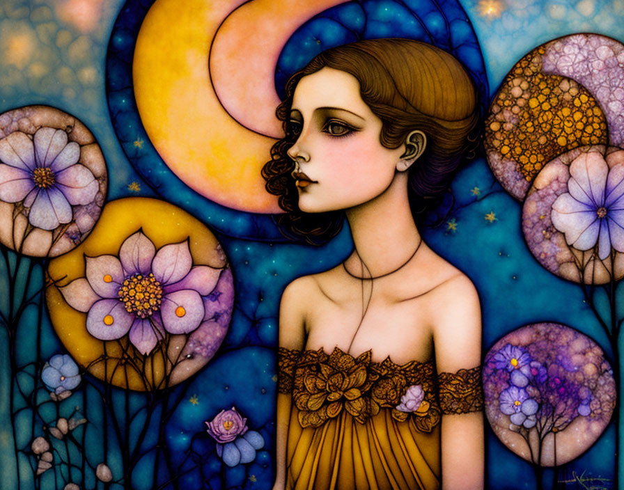 Illustration of ethereal woman with oversized flowers, crescent moon, starry background