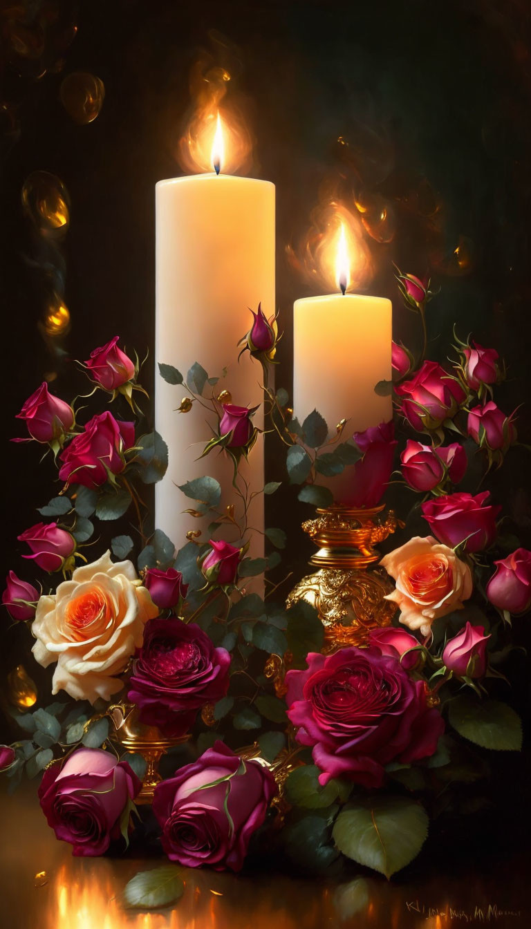 White candles with pink and peach roses on dark background