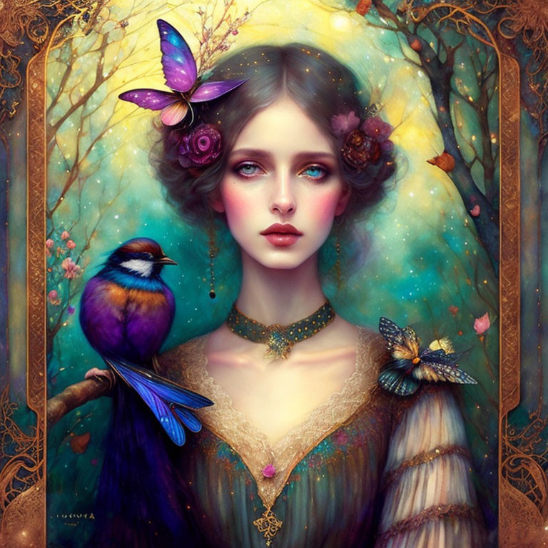 Ethereal portrait of woman with flowers, bird, and butterfly in golden ornate frame