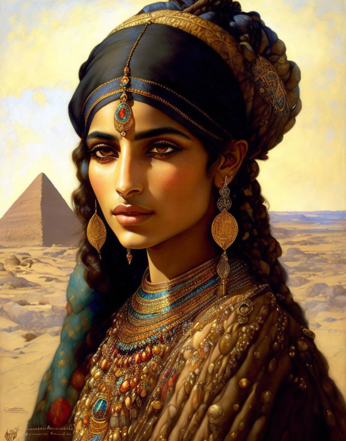 Traditional Egyptian woman portrait with pyramids backdrop