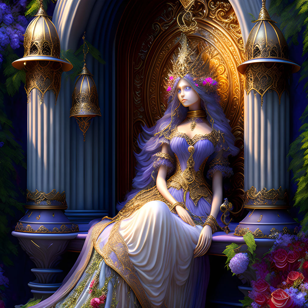 Regal Figure in Purple and Gold Attire on Throne with Crown