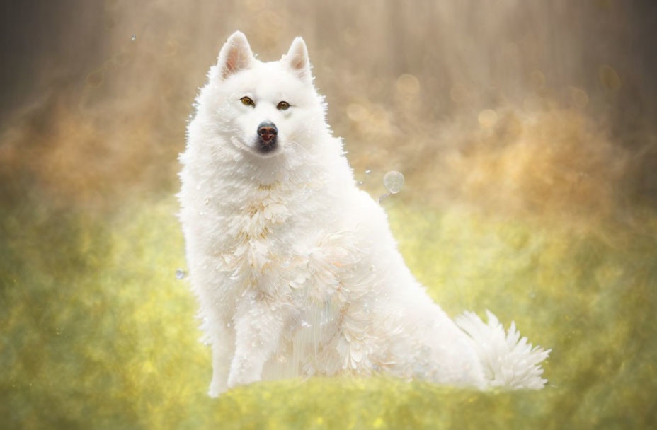 Fluffy White Dog in Golden Grass Field