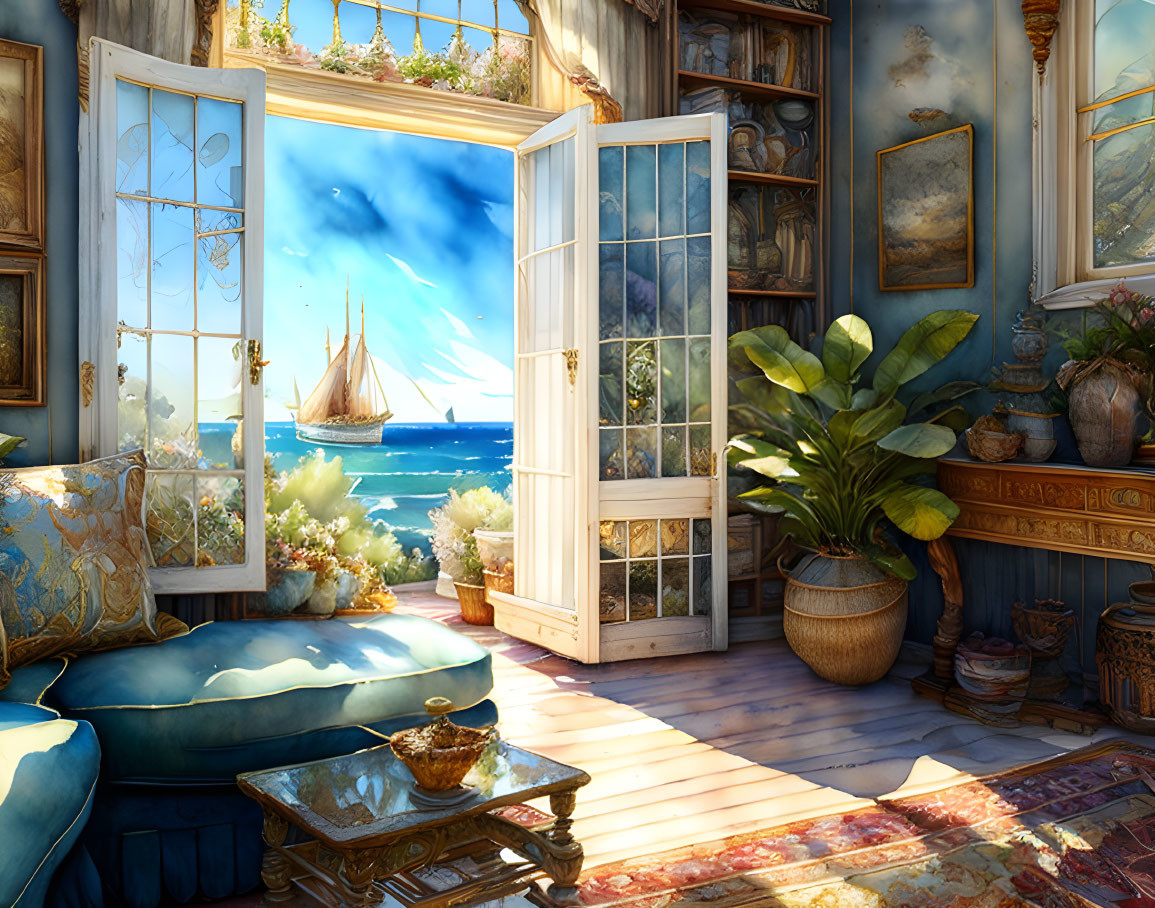 Bright Room with French Doors, Sea View Balcony, Ship, Plants, Artworks