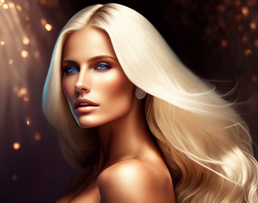 Blond woman digital art with blue eyes and makeup