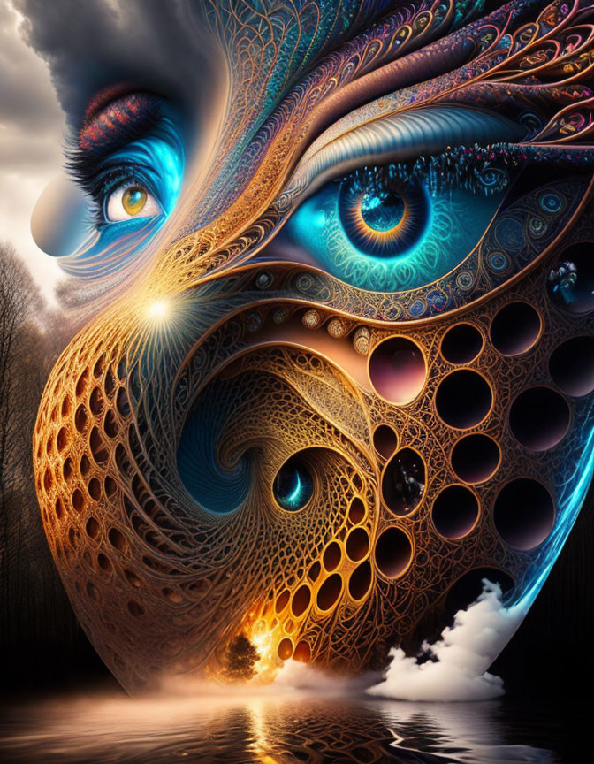 Eye surrounded by intricate fractal patterns in digital artwork