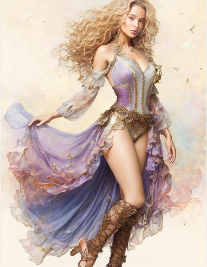 Blonde figure in flowing purple and gold dress against starry backdrop