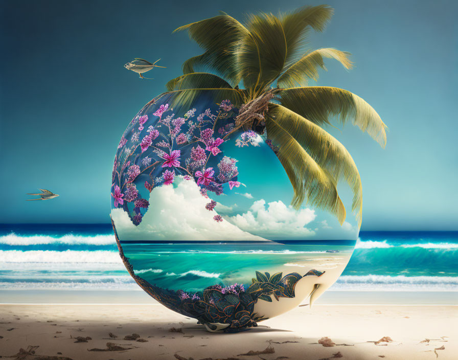 Surreal sphere with tropical beach scene and palm fronds on sandy shores